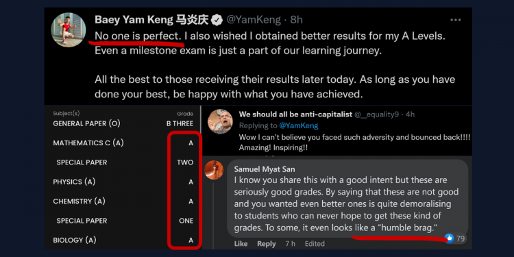 Baey Yam Keng called out for “humble-bragging” after wishing for better A Level Results