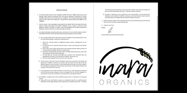Nina Chua of Inara Organics unreservedly apologises for racist remarks