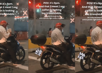 Motorcyclist hurriedly finishes entire packet of economic rice at traffic junction, netizens wonder if he is overworked