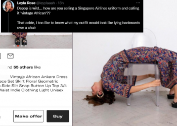 Singapore Airlines uniform listed as “Vintage African Ankara Dress” on Depop with model who is in the middle of an exorcism