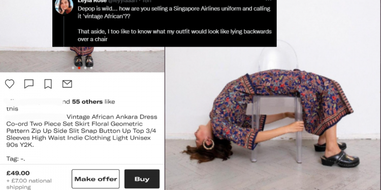 Singapore Airlines uniform listed as “Vintage African Ankara Dress” on Depop with model who is in the middle of an exorcism
