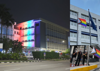 Micron Singapore lights up building and raised the Progress Pride flag to fly alongside State Flag