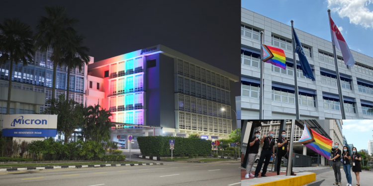 Micron Singapore lights up building and raised the Progress Pride flag to fly alongside State Flag