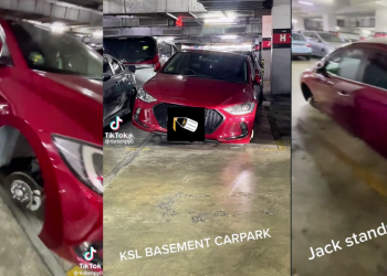 “Rims and tyres gone” – The sorry state of a new red Singapore car parked at KSL Mall in Johor Bahru