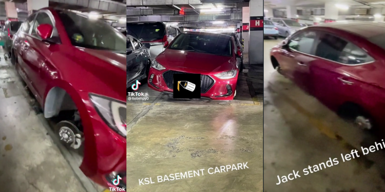 “Rims and tyres gone” – The sorry state of a new red Singapore car parked at KSL Mall in Johor Bahru