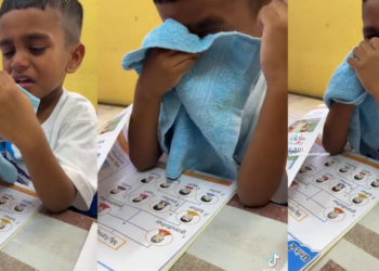 Emotional Moment, Child Seen Crying Reading About Family Topic in Class