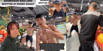 Woman confronts Topless Man with a Blue Razer who harassed Cold Storage staff in Plaza Singapura