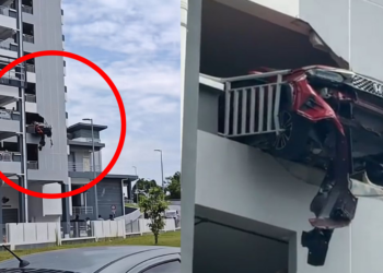 Car Crashes Into Wall and Nearly Falls From 3rd Floor of Hospital Parking Lot in Malaysia