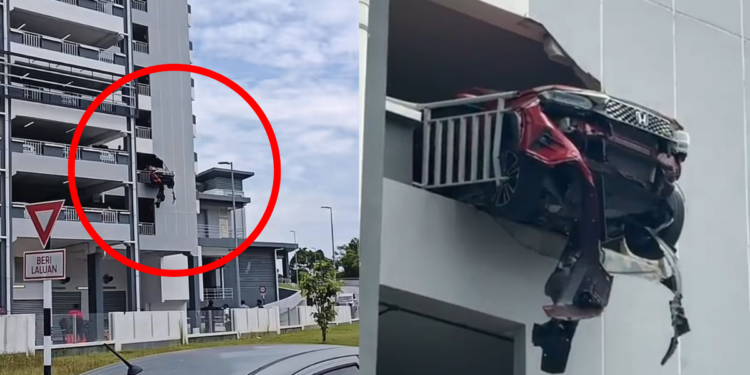 Car Crashes Into Wall and Nearly Falls From 3rd Floor of Hospital Parking Lot in Malaysia