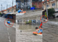 Children Ride Plastic Raft as Motorbike Tows Them Through Flooded Neighbourhood