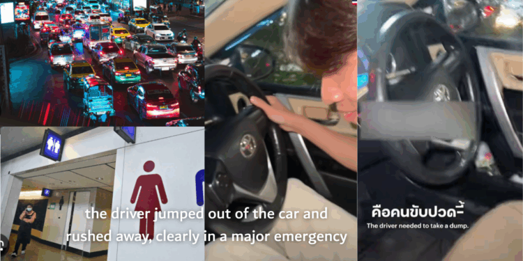 Taxi Driver Dashes to Toilet, Leaves Passengers Steering in Panic at Traffic Jam