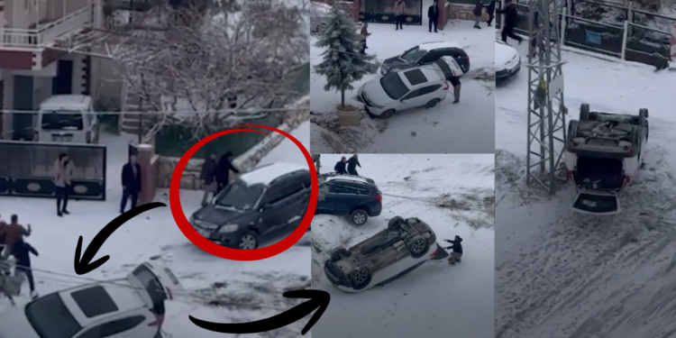Car Skids on Ice in Turkiye, Violent Crash in Yesilyurt Shocks Onlookers