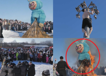 The Russian Maslenitsa Festival: Giant Labubu Effigy on Fire