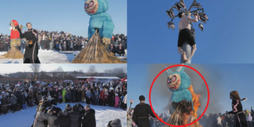 The Russian Maslenitsa Festival: Giant Labubu Effigy on Fire