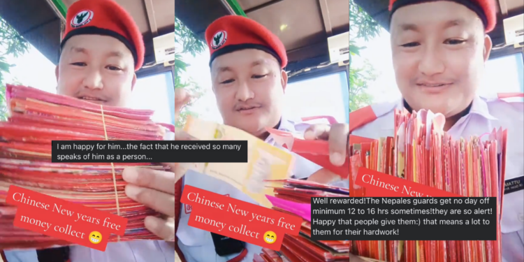 “Well rewarded!” — Security Guard Shows Stack of Angpaus Received During Chinese New Year Celebrations