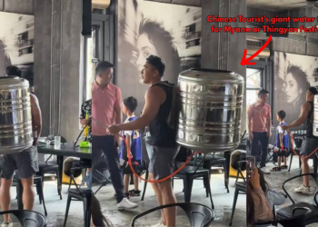 Chinese Tourist Uses Giant Water Tank at Myanmar Thingyan Water Festival