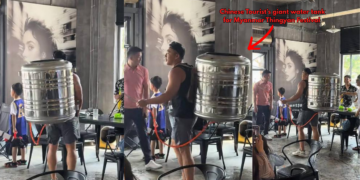 Chinese Tourist Uses Giant Water Tank at Myanmar Thingyan Water Festival