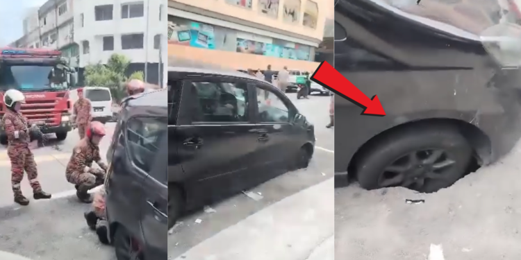 Firefighters Rescue Car Trapped in Large Sinkhole After Sudden Road Collapse in Malaysia