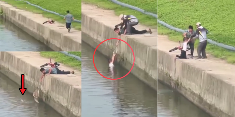 Brave Rescuer Saves Drowning Child After A Bicycle Accident in a Deep Canal