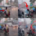 A Kind Stranger Shares a Raincoat With a Schoolchild During Heavy Rain at a Traffic Light