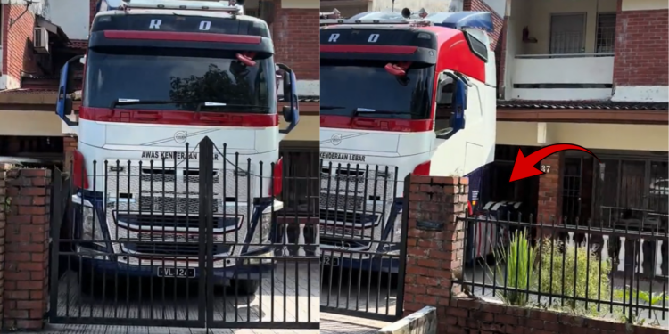Expert Driver Parks Huge Prime Mover Inside Small House Porch In Malaysia