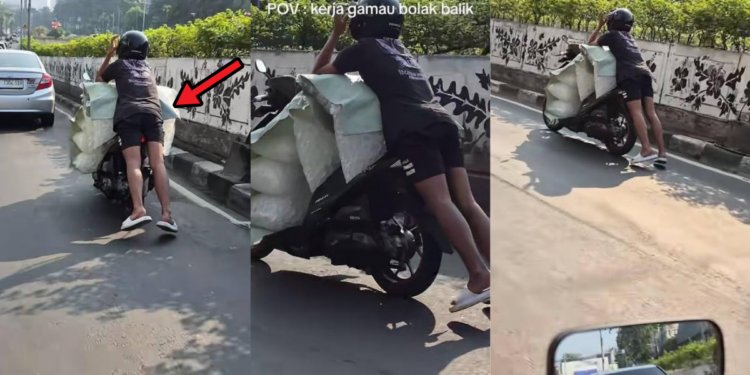 Motorcycle Rider Balances On Massive Load Through Busy City Traffic