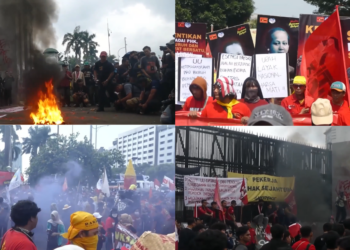 Indonesian workers burn tyres outside Parliament, demand wage reform in Jakarta May Day protest