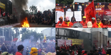 Indonesian workers burn tyres outside Parliament, demand wage reform in Jakarta May Day protest