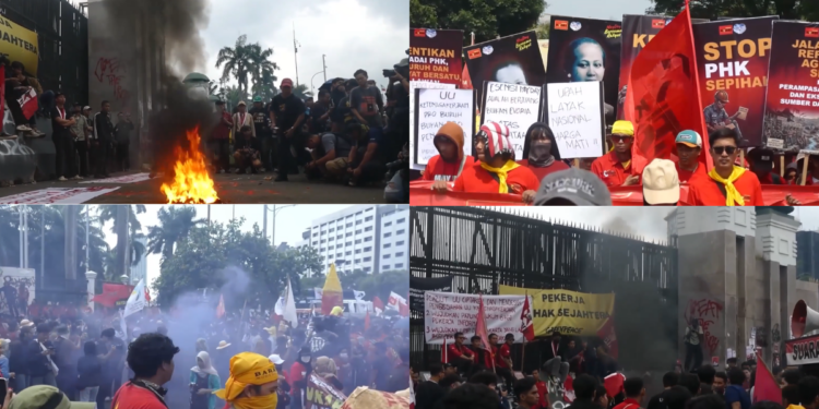 Indonesian workers burn tyres outside Parliament, demand wage reform in Jakarta May Day protest