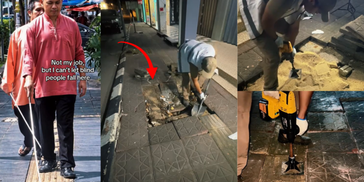 Kind Malaysian Man Fixes Broken Tactile Pavement Overnight To Help Blind People