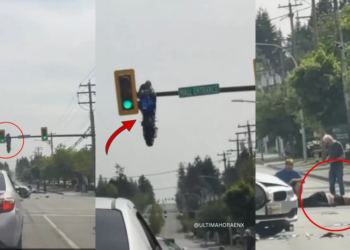 Motorcycle Ends Up Hanging Mid-Air on Traffic Signal Pole After Wild Crash