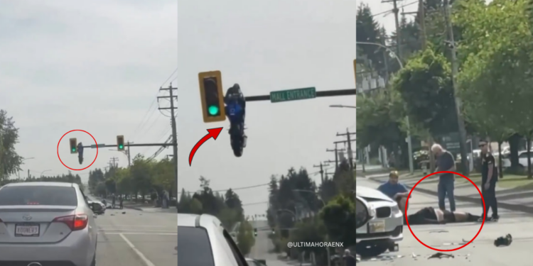 Motorcycle Ends Up Hanging Mid-Air on Traffic Signal Pole After Wild Crash