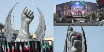 Tehran installs ‘We Must Rise’ fist statue ahead of Khamenei funeral procession