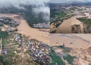 Drone view of devastation – Brown floodwater roars through damaged dam after China’s Guangxi hit by heavy rain