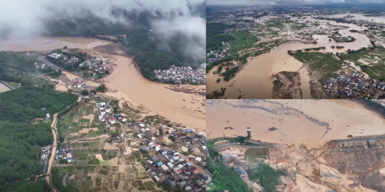 Drone view of devastation – Brown floodwater roars through damaged dam after China’s Guangxi hit by heavy rain