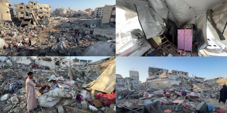 Displaced Gazans search wrecked tents after alleged Israeli strike on Al Shati building