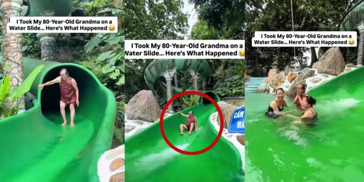 80-Year-Old Woman Walks Down Water Slide Instead Of Sliding As Family Cheers