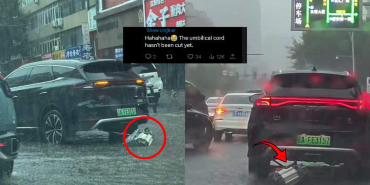EV SUV Driving While Dragging Detached Motor Through Flooded Street