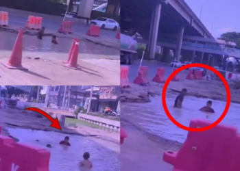 Road Pothole Becomes Kids’ Swimming Pool Despite Cars Zooming Past Nearby