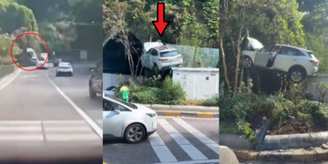 China SUV Ends Up Hanging From Trees After Losing Control Near Tunnel