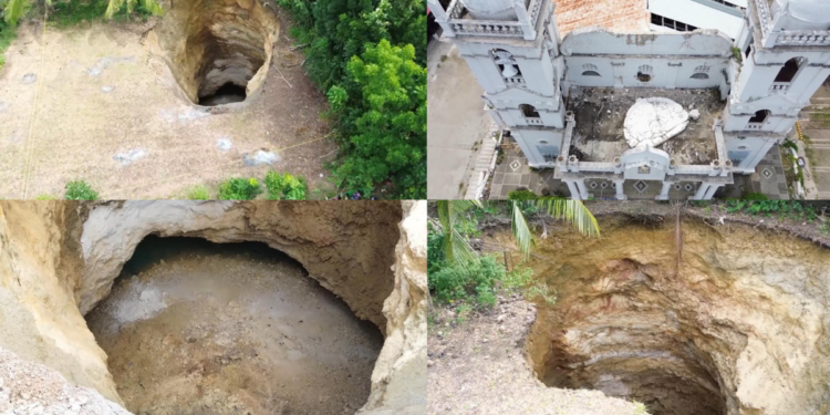 Filipinos reel as massive sinkhole SWALLOWS ground, trees in Bogo City