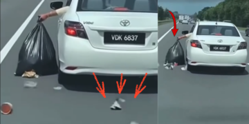 Car Driver Drags Garbage Bag Along Highway Spilling Trash Across Road