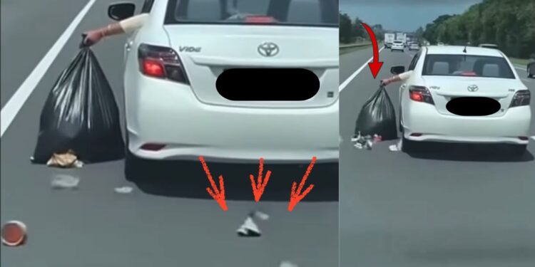 Car Driver Drags Garbage Bag Along Highway Spilling Trash Across Road
