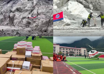 Lifeline from above – Vital supplies airlifted to rescuers with sniffer dogs searching mud in China’s Gyirong