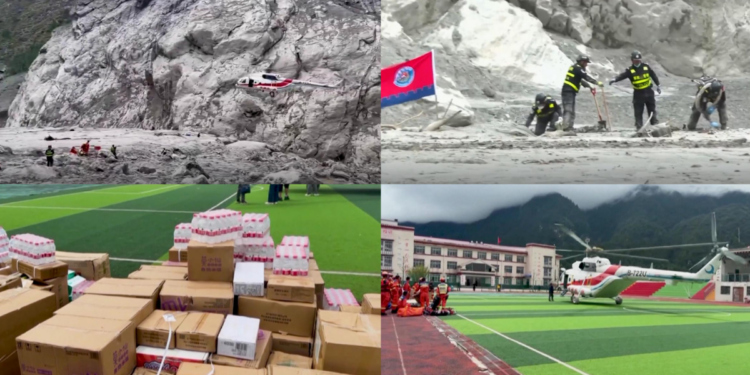 Lifeline from above – Vital supplies airlifted to rescuers with sniffer dogs searching mud in China’s Gyirong