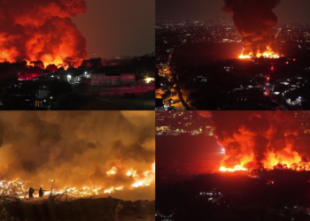 Midnight inferno – Monster flames tower over West Jakarta as wind-whipped scrapyard blaze rages