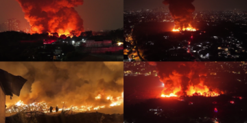 Midnight inferno – Monster flames tower over West Jakarta as wind-whipped scrapyard blaze rages