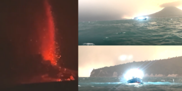 Indonesian fishermen watch Anak Krakatau eruption as volcanic debris rains onto vessels